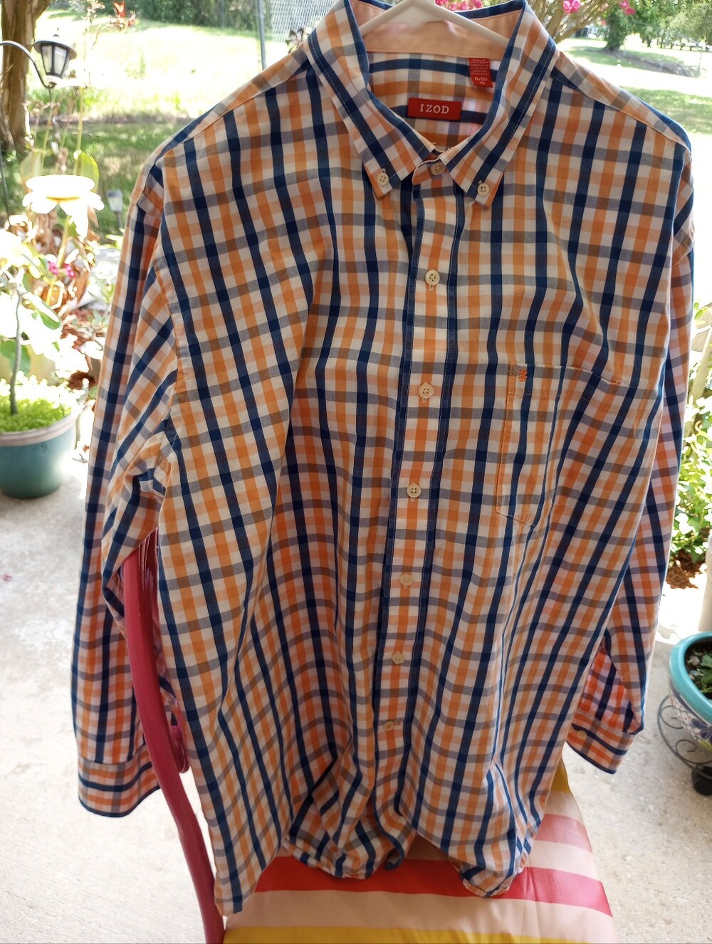 Izod Men’s Orange and Blue Plaid Button-Down Shirt